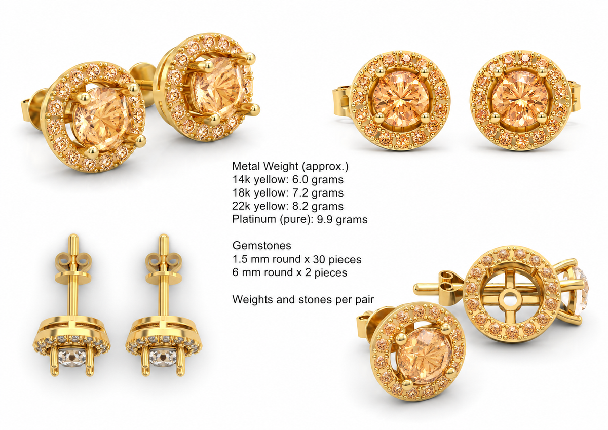 Round Halo Detachable Studs — metal weights and gemstone specifications