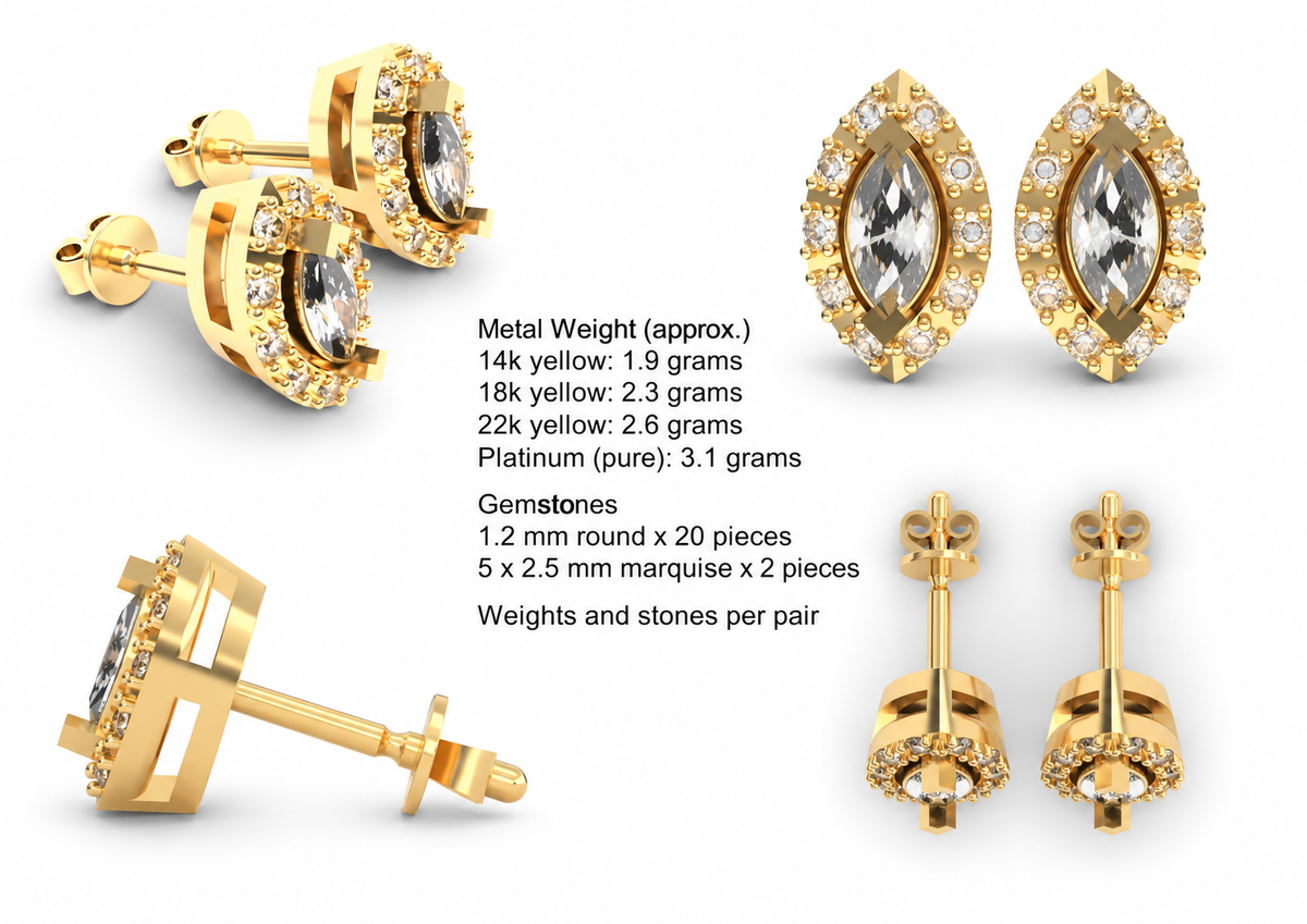 Marquise Halo Studs — metal weights and gemstone specifications