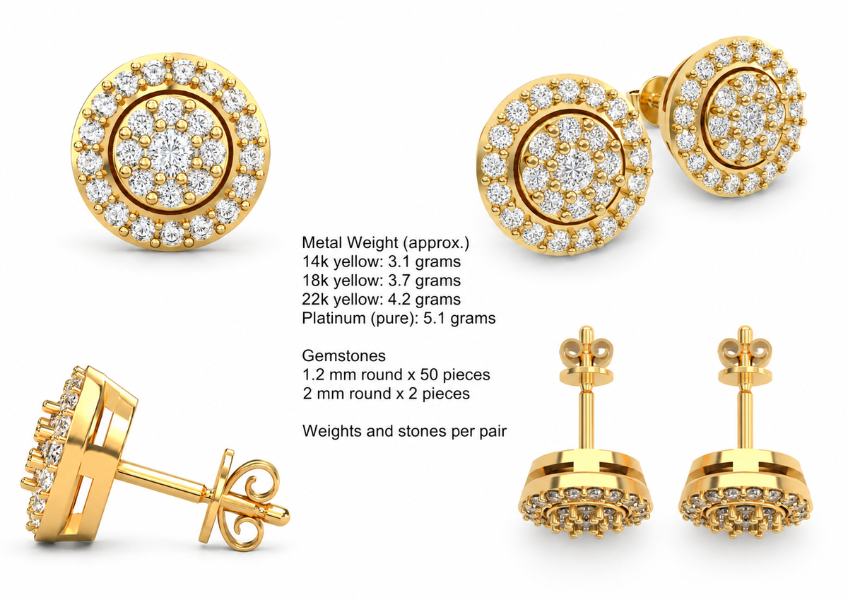 Cluster Halo Studs — metal weights and gemstone specifications