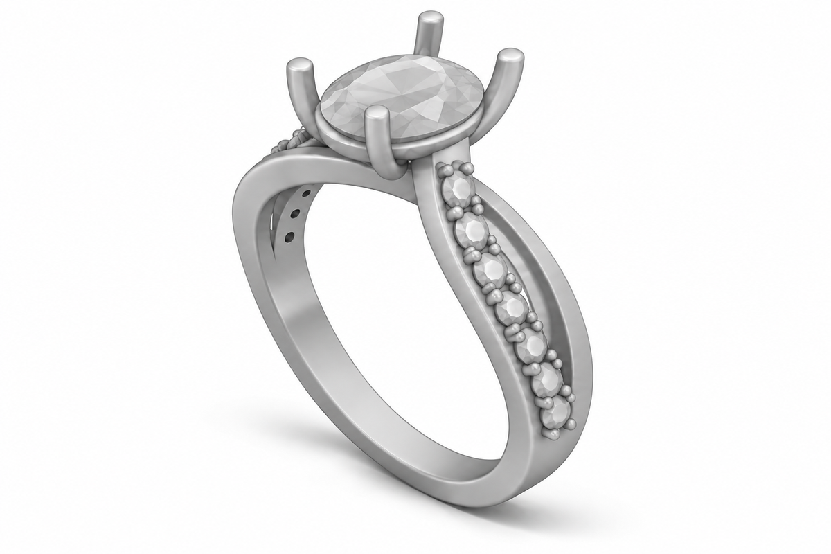 Neutral grey Rhino-style CAD illustration of the oval infinity ring