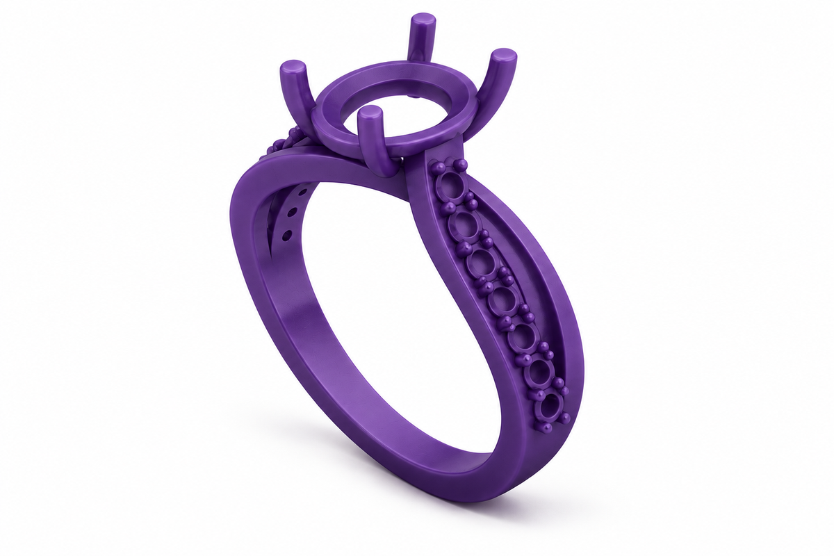 Purple castable wax pattern illustration of the oval infinity ring, without gemstones