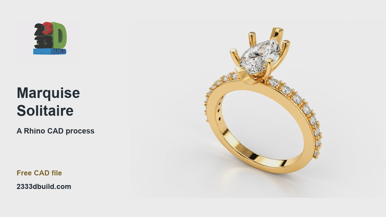 Marquise solitaire CAD design process with finished ring preview by 2333dBuild